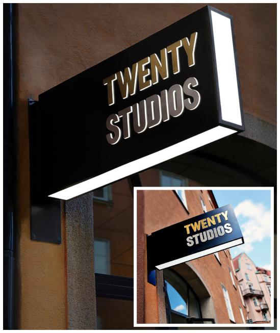 Twenty_Studios - Exteriör_skylt LED Flaggskylt bokstäver i guld &amp; silver titanlegerat_ rostfritt_stål - från Clarex